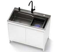 Éviers de Cuisine en Acier avec Meuble | Évier sur Pied avec Tuyaux d'eau Chaude et Froide Robinet, Panier égouttoir pour Jardin, Atelier, Buanderie, Camping