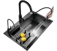 Éviers, évier De Cuisine, évier Rectangulaire en Acier Inoxydable, Robinet De 19,7 à 31,5 Pouces X 2, Panier Extensible, Distributeur De Savon, Poste De Travail, évier, Black, 60 * 45 * 20Cm