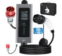 EVIEUN Chargeur Voiture Electrique 22kW 5M, 32A Triphasé Chargeur EV Type 2 pour Tous Les Véhicules Electriques et Hybrides, IEC 62196-2, avec Prise CEE et Schuko Adaptateur, Courant Commuté 6A-32A