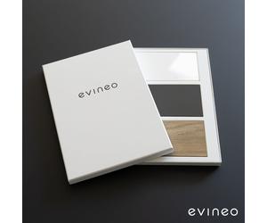 evineo Boîte d’échantillons vernis blanc ultra brillant, vernis anthracite mat, motif chêne, BE000099,