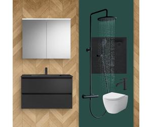 evineo ineo Salle de bains avec ensemble de meubles et armoire de toilette l: 100 cm, WC, douche et robinetteries, BE-Bad-Set3#NEW,