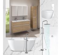 evineo ineo Salle de bains avec ensemble de meubles et armoire de toilette l: 120 cm, WC, baignoire & douche, avec robinetteries et paroi de douche, BE-Bad-Set9,