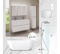 evineo ineo Salle de bains avec ensemble de meubles et armoire de toilette l: 120 cm, WC, baignoire & douche, avec robinetteries et paroi de douche, BE-Bad-Set8,