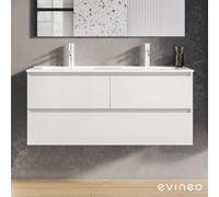 evineo ineo2 Meuble sous-vasque l : 121 cm, 3 tiroirs, avec poignée encastrée, double vasque blanche,, BE0408WH+BE0703WH,
