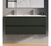 evineo ineo2 Meuble sous-vasque l: 121 cm, 3 tiroirs, poignée encastrée, plan vasque double blanc,, BE0408WH+BE0703GR,