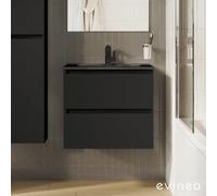 evineo ineo2 Meuble sous-vasque l : 61 cm, 2 tiroirs, avec poignée encastrée, vasque noir mat,, BE0405BH+BE0700BM,
