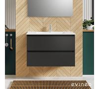 evineo ineo2 Meuble sous-vasque l : 81 cm, 2 tiroirs, avec poignée encastrée, vasque blanche,, BE0406WH+BE0701BM,