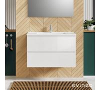 evineo ineo2 Meuble sous-vasque l : 81 cm, 2 tiroirs, avec poignée encastrée, vasque blanche,, BE0406WH+BE0701WH,