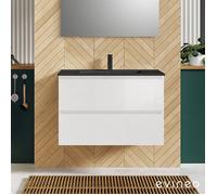 evineo ineo2 Meuble sous-vasque l : 81 cm, 2 tiroirs, avec poignée encastrée, vasque noir mat,, BE0406BH+BE0701WH,