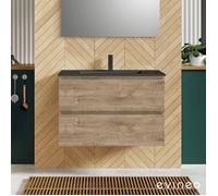 evineo ineo2 Meuble sous-vasque l : 81 cm, 2 tiroirs, avec poignée encastrée, vasque noir mat,, BE0406BH+BE0701OP,