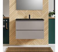 evineo ineo2 Meuble sous-vasque l: 81 cm, 2 tiroirs, avec poignée encastrée, vasque noire mate,, BE0406BH+BE0701FM,