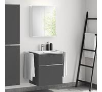 evineo ineo4 Meuble bas l: 61 cm, 2 tiroirs, avec poignée, vasque blanche, avec armoire de toilette,, BE0834WH+BE0200AN+BEA001MI+BL001197,