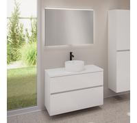 evineo ineo5 evo Meuble bas l: 100 cm, 2 tiroirs, vasque ineo7 Ø 36 cm blanche mate, avec miroir éclairé ineo,, BE0942WM+BE0958WH+BE0964WH+BEA011MI,