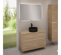 evineo ineo5 evo Meuble bas l: 100 cm, 2 tiroirs, vasque ineo7 Ø 36 cm noire mate, avec miroir éclairé ineo,, BE0942BM+BE0958OA+BE0964OA+BEA011MI,