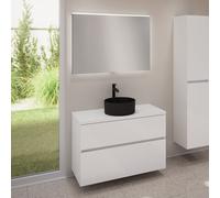 evineo ineo5 evo Meuble bas l: 100 cm, 2 tiroirs, vasque ineo7 Ø 36 cm noire mate, avec miroir éclairé ineo,, BE0942BM+BE0958WH+BE0964WH+BEA011MI,
