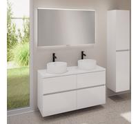 evineo ineo5 evo Meuble bas l: 120 cm, 4 tiroirs, 2 vasques ineo7 Ø 36 cm blanches mates, avec miroir éclairé ineo,, 2#BE0942WM+BE0960WH+BE0965WH+BEA012MI,