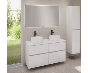 evineo ineo5 evo Meuble bas l: 120 cm, 4 tiroirs, 2 vasques ineo7 Ø 36 cm blanches mates, avec miroir éclairé ineo,, 2#BE0942WM+BE0960WH+BE0965WH+BEA012MI,
