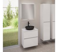evineo ineo5 evo Meuble bas l: 60 cm, 2 tiroirs, vasque ineo3 Ø 37 cm noire mate, avec miroir éclairé ineo,, BE0931BM+BE0956WH+BE0962WH+BEA009MI,