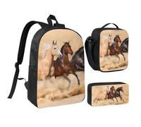 EVIUS Ensemble sac à dos 3 pièces avec 3 chevaux qui courent à pied, sac d'école, sac à stylos, sac à déjeuner, pour l'école, le travail, le magasin, les voyages et le camping, Noir , Taille unique