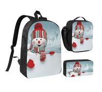 EVIUS Ensemble sac à dos 3 pièces avec imprimé bonhomme de neige coquin, sac d'école, sac à stylos, sac à déjeuner, pour l'école, le travail, le magasin, les voyages et le camping, Noir , Taille