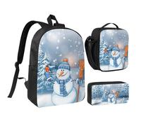 EVIUS Ensemble sac à dos 3 pièces avec imprimé bonhomme de neige, sac d'école, sac à stylos, sac à déjeuner, pour l'école, le travail, le magasin, les voyages et le camping, Noir , Taille unique, Sacs