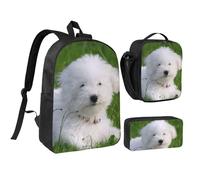 EVIUS Ensemble sac à dos 3 pièces imprimé bichon sur l'herbe 43,2 cm, sac d'école, sac à stylos, sac à déjeuner, pour l'école, le travail, le magasin, les voyages et le camping, Noir , Taille unique