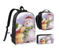 EVIUS Ensemble sac à dos 3 pièces imprimé bonhomme de neige d'hiver, sac d'école, sac à stylos, sac à déjeuner, pour l'école, le travail, le magasin, les voyages et le camping, Noir , Taille unique