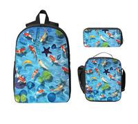 EVIUS Ensemble sac à dos 3 pièces imprimé carpe japonaise rouge 43,2 cm cartable, trousse à stylos, sac à déjeuner, pour l'école, le travail, le magasin, les voyages et le camping, Noir , Taille