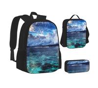 EVIUS Ensemble sac à dos 3 pièces imprimé pour adolescents, cartable, trousse à crayons, sac à déjeuner isotherme, convient pour l'école, le travail, le magasin, les voyages et le camping, Noir