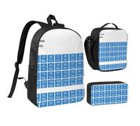 EVIUS Ensemble sac à dos 3 pièces imprimé tableau périodique chimique 43,2 cm, sac d'école, sac à stylos, sac à déjeuner, pour l'école, le travail, le magasin, les voyages et le camping, Noir , Taille