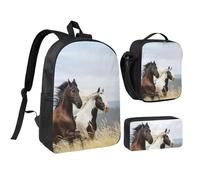 EVIUS Ensemble sac à dos 3 pièces motif chevaux de course à pied, sac d'école, sac à stylos, sac à déjeuner, pour l'école, le travail, le magasin, les voyages et le camping, Noir , Taille unique, Sacs
