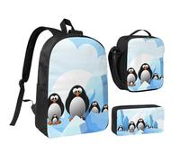 EVIUS Ensemble sac à dos 3 pièces motif pingouin Antarctique Ice Print 43,2 cm, sac d'école, sac à stylos, sac à déjeuner, pour l'école, le travail, le magasin, les voyages et le camping, Noir