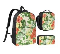 EVIUS Hojas Tropicales Y Flores Ensemble sac à dos 3 pièces 43,2 cm pour l'école, le travail, le magasin, les voyages et le camping, Noir , Taille unique, Sacs à dos de voyage