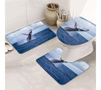 EVIUS Lot de 3 tapis de salle de bain antidérapants + tapis contour WC + tapis de bain bleu océan baleine décoration picturale combinaison parfaite de luxe et de confort