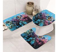 EVIUS Lot de 3 tapis de salle de bain antidérapants + tapis contour WC + tapis de bain - Motif monde sous-marin - Combinaison parfaite de luxe et de confort