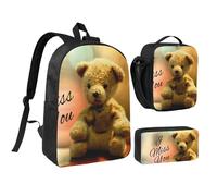 EVIUS Miss You Ensemble sac à dos 3 pièces imprimé ours 43,2 cm cartable, trousse à stylos, sac à déjeuner, pour l'école, le travail, le magasin, les voyages et le camping, Noir , Taille unique, Sacs