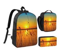 EVIUS Reeds by The River Ensemble sac à dos 3 pièces 43,2 cm cartable, trousse à stylos, sac à déjeuner, pour l'école, le travail, le magasin, les voyages et le camping, Noir , Taille unique, Sacs à