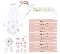 EVJF Accessoire, 15PCS Enterrement de Vie de Jeune Fille Accessoire, Kit Écharpe EVJF avec 10 Team Bride Écharpe, 1 Écharpe Future Mariée, Voile Mariée, Badge, Bandeau Diadème, Tatouage