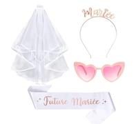 EVJF Accessoire Kit,4 Pièces Bride to Be Accessoire - Voile Mariée Blanc,Or Rose Couronne,Echarpe Evjf,Rose Lunette Coeur,Accessoire Evjf Team Bride,pour Enterrement de Vie Jeune Fille
