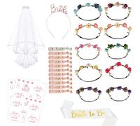 EVJF Accessoires pour Future Mariée, Kit d'Enterrement de Vie de Jeune Fille 26 Pièces avec 10 Couronnes de Fleur & 11 Bracelets & Écharpe & Voile & 2 Tatouages & Serre-tête, Gadgets pour EVJF
