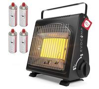 EVOCAMP Chauffage à gaz portable, réchauffeur de camping 1,7 kW, chauffage céramique pour une utilisation en extérieur avec détecteur de manque d’oxygène, avec 4 cartouches de gaz