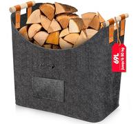 EVOCAMP grand panier à bûches en feutrine pour bois de chauffage et rangement, panier de cheminée XXL en feutrine gris foncé avec poignées en bois, sac à bûches 44x44x30 cm