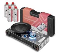 EVOCAMP réchaud à gaz 2 feux avec allumage piézoélectrique, plaque de gril Ø32 cm, 4 cartouches de gaz MSF-1A 227 g