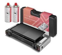 EVOCAMP réchaud à gaz 2 feux avec allumage piézoélectrique, plaque de gril 45 cm, 2 cartouches de gaz MSF-1A 227 g