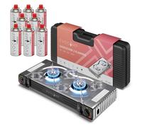 EVOCAMP réchaud à gaz 2 feux avec allumage piézoélectrique - pour cartouches de gaz MSF-1A 227 g, avec 8 cartouches de gaz