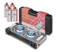 EVOCAMP réchaud à gaz 2 feux avec allumage piézoélectrique - pour cartouches de gaz MSF-1A 227 g, avec 4 cartouches de gaz
