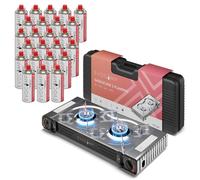 EVOCAMP réchaud à gaz 2 feux avec allumage piézoélectrique - pour cartouches de gaz MSF-1A 227 g, avec 28 cartouches de gaz