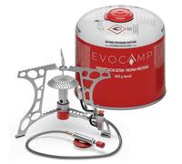 EVOCAMP réchaud de camping 3,2 kW avec allumage piézo + 1 cartouche de gaz 500g, mini-réchaud à gaz compact avec cartouche