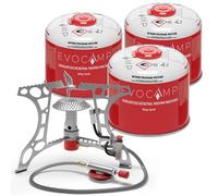 EVOCAMP réchaud de camping 3,2 kW avec allumage piézo + 3 cartouches de gaz 300g, mini-réchaud à gaz compact avec cartouches