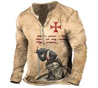 EVOHOUSE T-Shirts imprimés 3D des Chevaliers Templiers pour Hommes col Henley à Manches Longues Chemise Henley Vintage en détresse t-Shirt Tactique Hauts